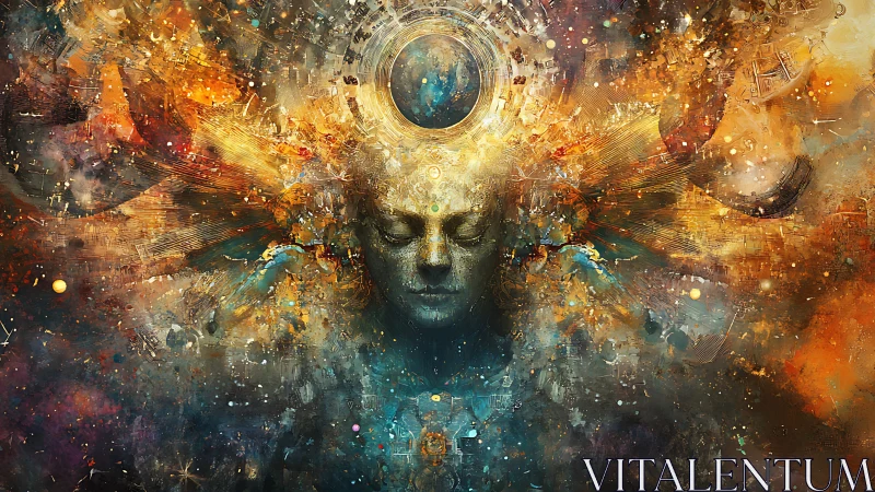 Cosmic neural visage dissolves into radial quantum nebula fields