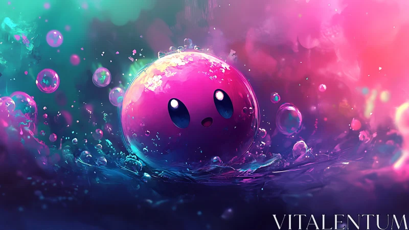 Glowing pink bubble creature drifts through neon dreamscape.