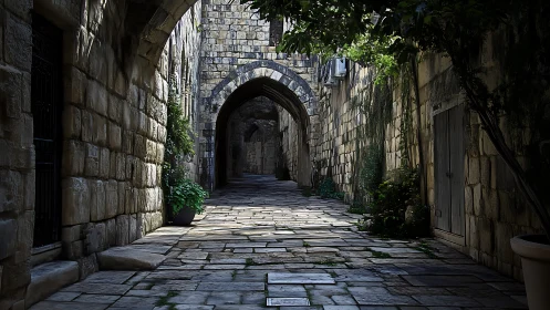 Stone alleyway with arches and vegetation recedes into distance