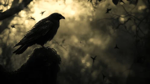 Midnight oracle raven perched in a storm of drifting wings.