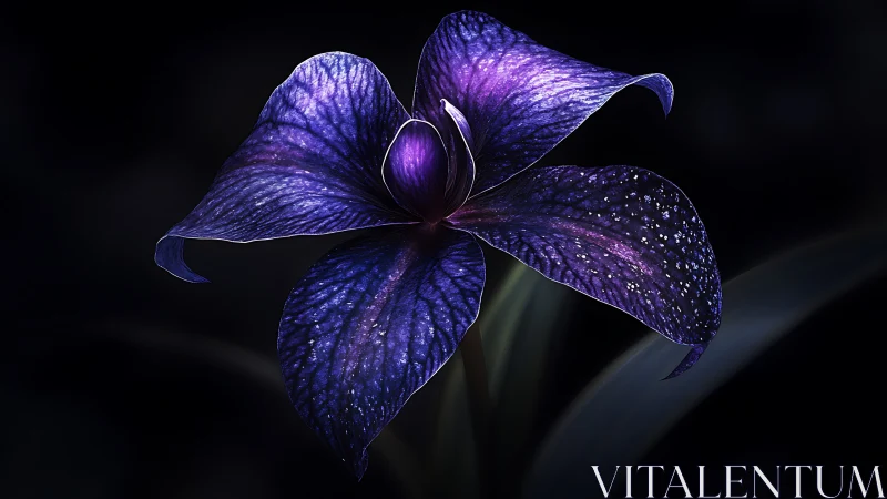 Nocturnal violet bloom in dramatic photorealistic macro study.