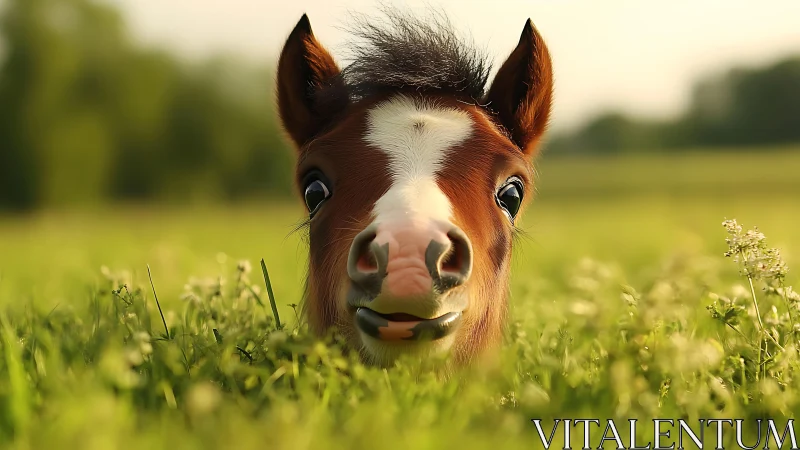 Bright eyed foal peeking playfully through summer meadow.