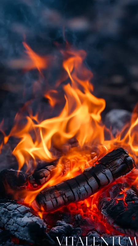 Active wood combustion exhibiting luminous orange flames and incandescent charred structural element