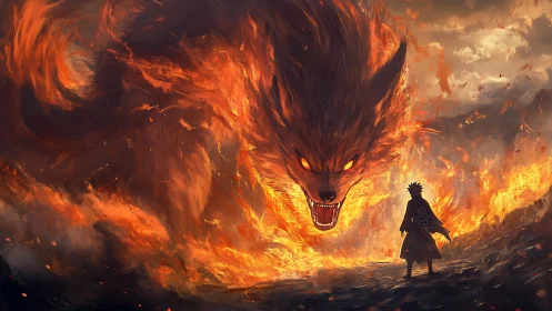 Silhouetted figure confronting giant fiery fox entity.