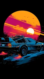 Retro sports car racing under bold neon sunset sky.