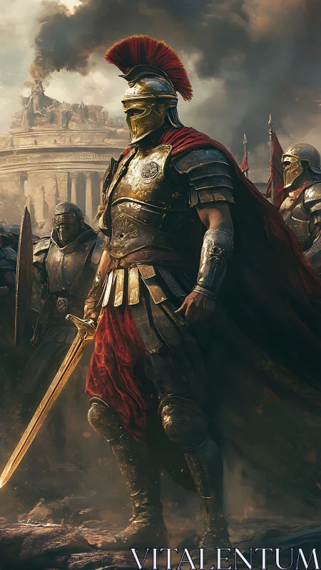 Armored Roman commander stands amid burning ruins, sword drawn