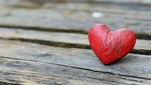A Weathered Red Heart Rests on Wooden Dock.