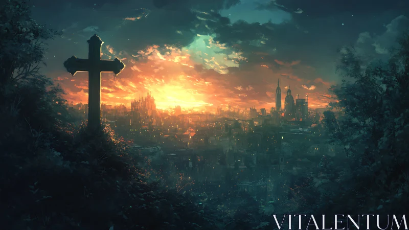 Gentle twilight cross watching over a glowing distant city.
