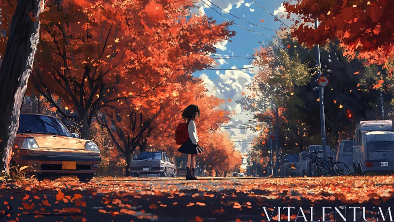 Autumn street perspective with lone schoolgirl framed by dense foliage