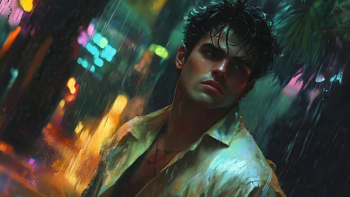 Neon‑lit rainfall portrait with cinematic chiaroscuro rendering.