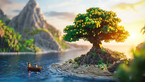 Minecraft Fantasy: Golden Tree by Rocky Cliffs and Water.