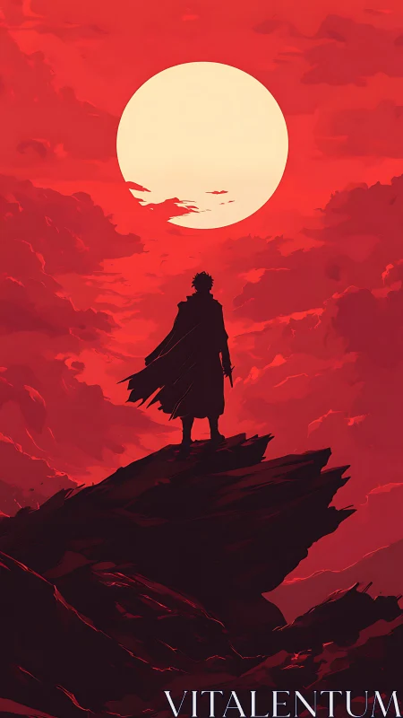 Silhouetted figure stands on jagged cliff under red sun