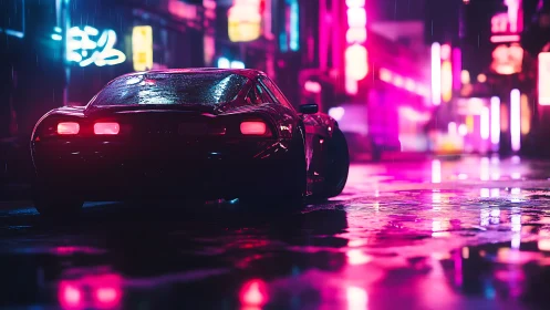 Neon lit sports car on wet city street at night in rain.