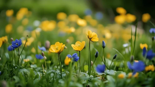 Spring's Whimsical Dance: Buttercups and Blue Companions.