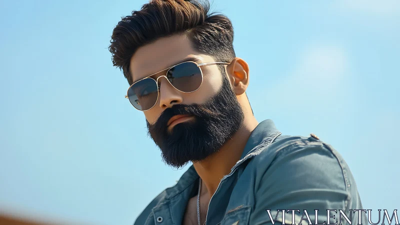 Stylish bearded man in aviator sunglasses under blue sky.