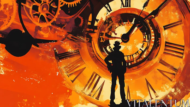 Time traveler stands within glowing swirling clockwork dream.