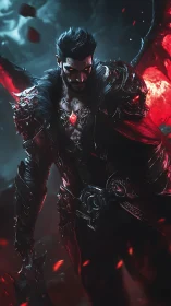Dark winged warrior with crimson armor and glowing gem.