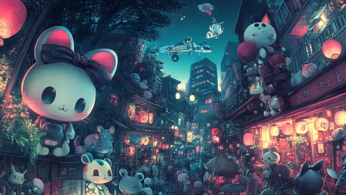 Cozy kawaii night market glowing with lantern light and charm.