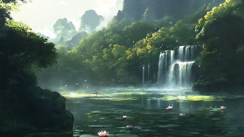 Emerald falls spill into a lotus-laced, misty jungle lagoon.