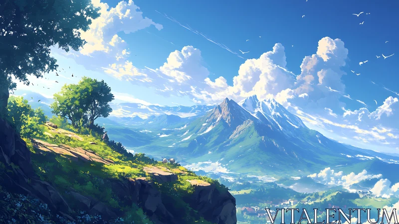 Sunlit alpine overlook with distant snowcapped mountain massif