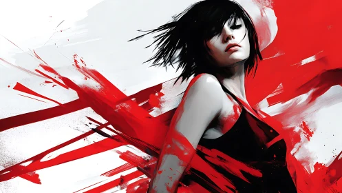 Kinetic digital portrait with high-contrast red vector splashes.