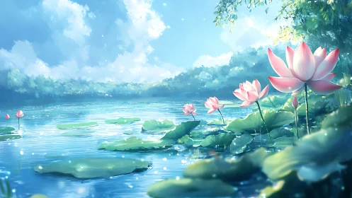Sunlit lotus pond rendered in luminous atmospheric digital painting