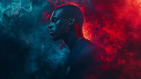 Profile portrait in dual-tone red and cyan atmospheric smoke field