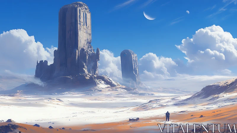 Distant figures cross a frozen desert with monolithic towers
