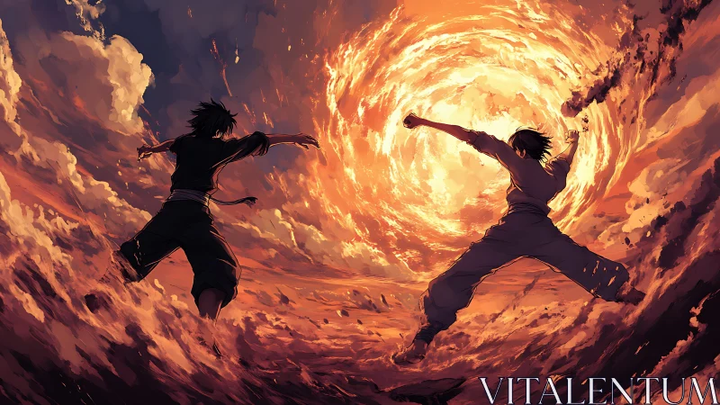 Fiery sky duel unfolds amid swirling storm vortex of light.