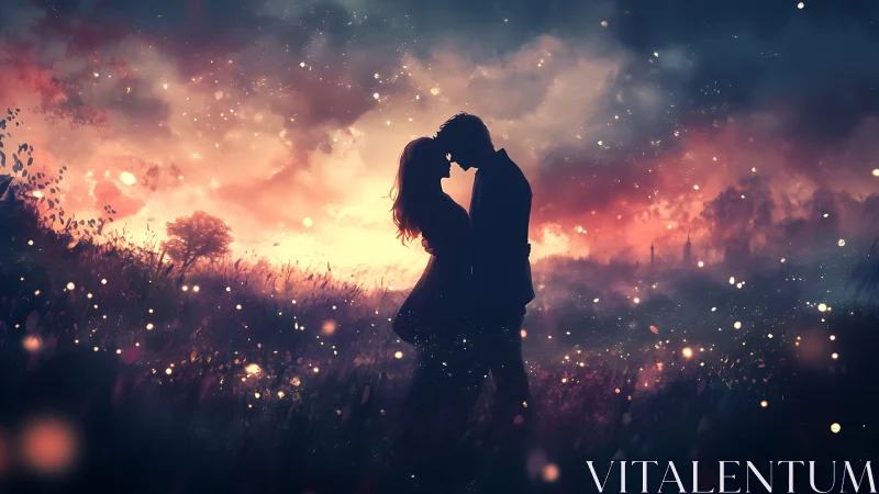 Silhouetted couple embracing in luminescent field with bokeh particles and dramatic sky.