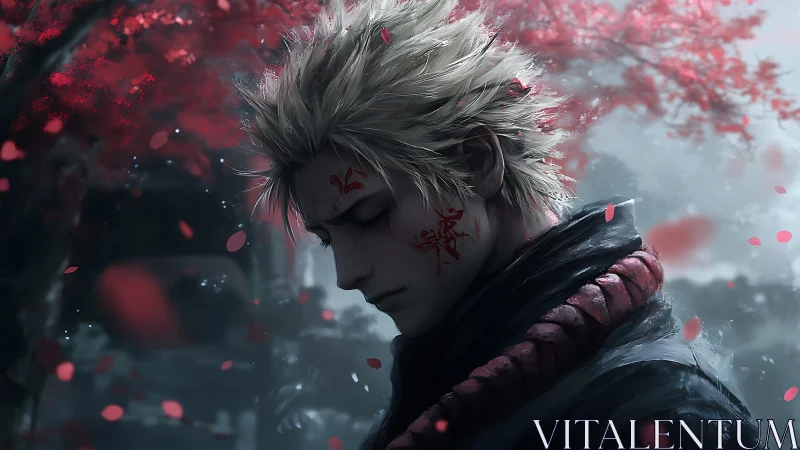 Brooding warrior with glowing red tattoos under falling petals.