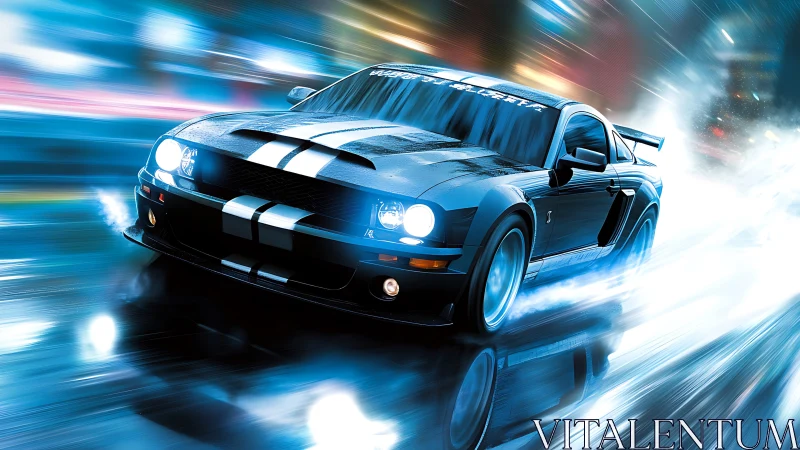 High-speed blue muscle car drifts through neon-lit wet cityscape