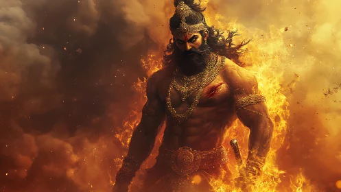 Fire-forged warrior king strides through the storm of embers.