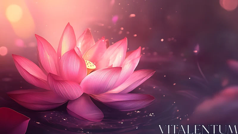 Digital rendering shows single pink lotus on reflective water