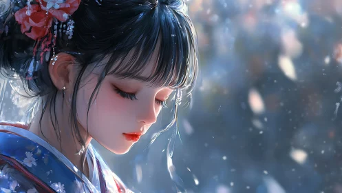 Digital painting portrait of serene girl in soft bokeh field.