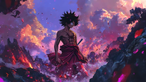 Stormlit swordsman walking through a sky of molten dusk.