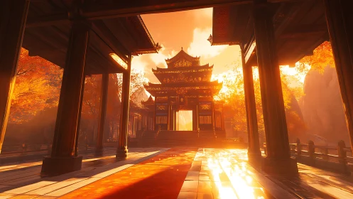 Sunlit autumn temple gate with cinematic volumetric lighting.
