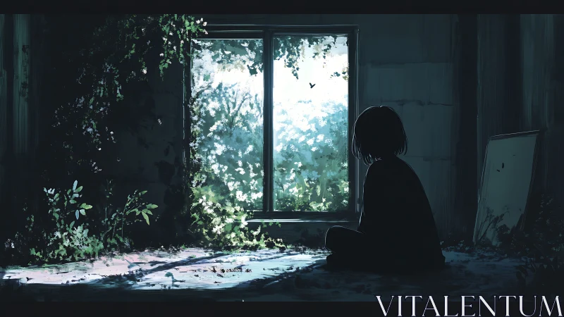 Solitary figure studies overgrown window in soft dawn light