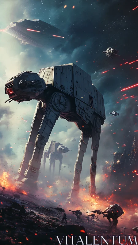 Colossal walkers stride through a blazing cosmic battlefield.