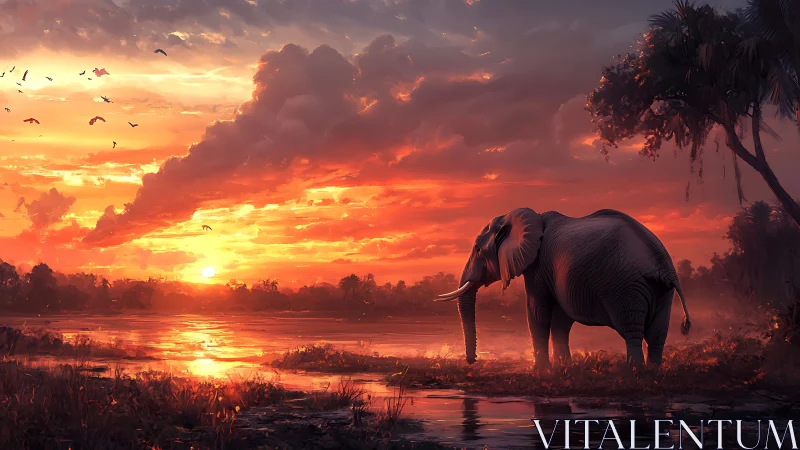 Radiant savanna hydrology with silhouetted elephant subject.