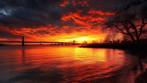 Firelit river sunset beneath a quiet city bridge glow.