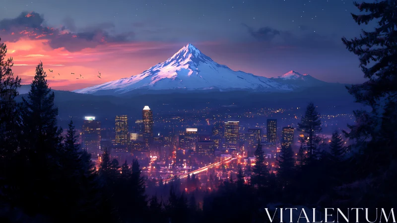 Snow-covered mountain overlooks illuminated city at twilight