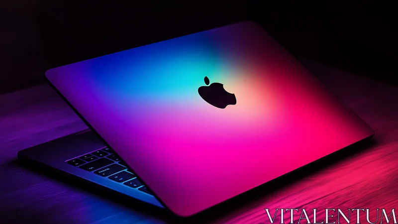Colorful Apple laptop on desk under neon gradient light.