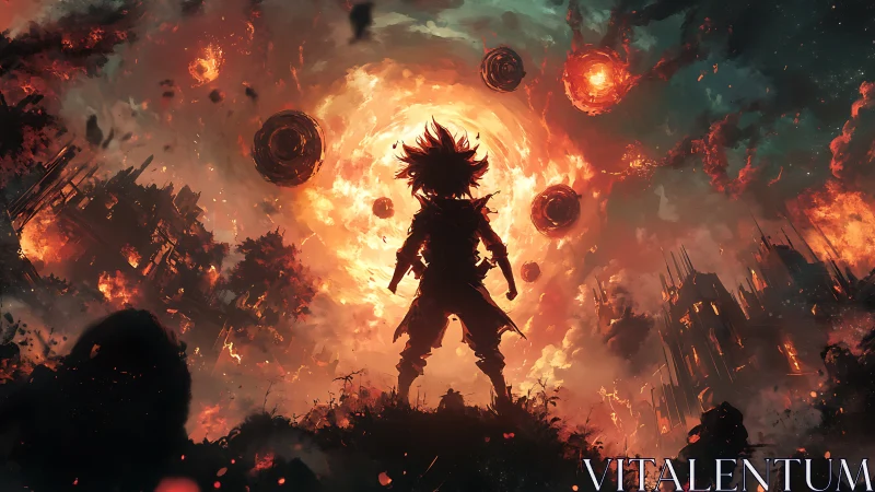 Stormborn wanderer facing collapsing fiery cosmos portal.