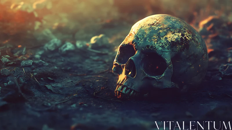 Weathered cranial relic under low-angle spectral sunlight.