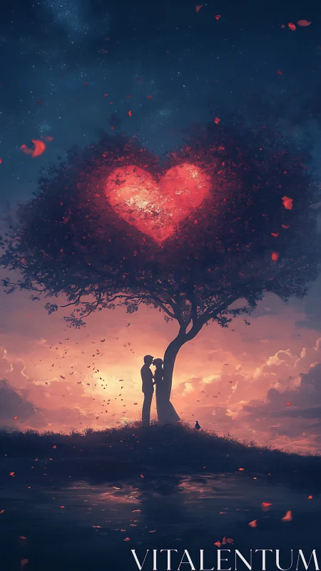 Two figures silhouetted beneath tree with glowing red heart
