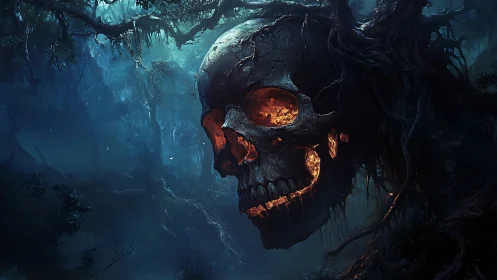 Glowing skull fused with gnarled forest canopy in misted gloom