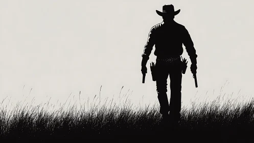 Lone cowboy silhouette strides calmly across tall prairie grass