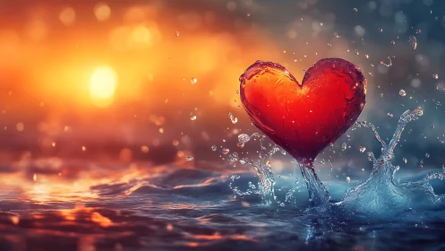 Red Heart Emerges From Water Amid Golden Sunset Light