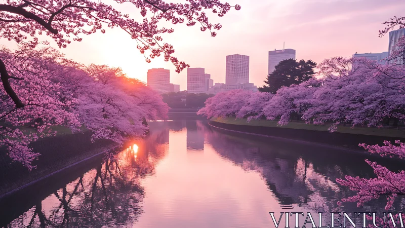 Blush pink cherry blossoms framing a quiet city sunset.
